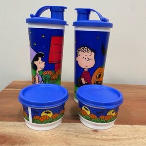 Charlie Brown The Great Pumpkin Tupperware sip cup & snackers set. 4 pieces. EUC